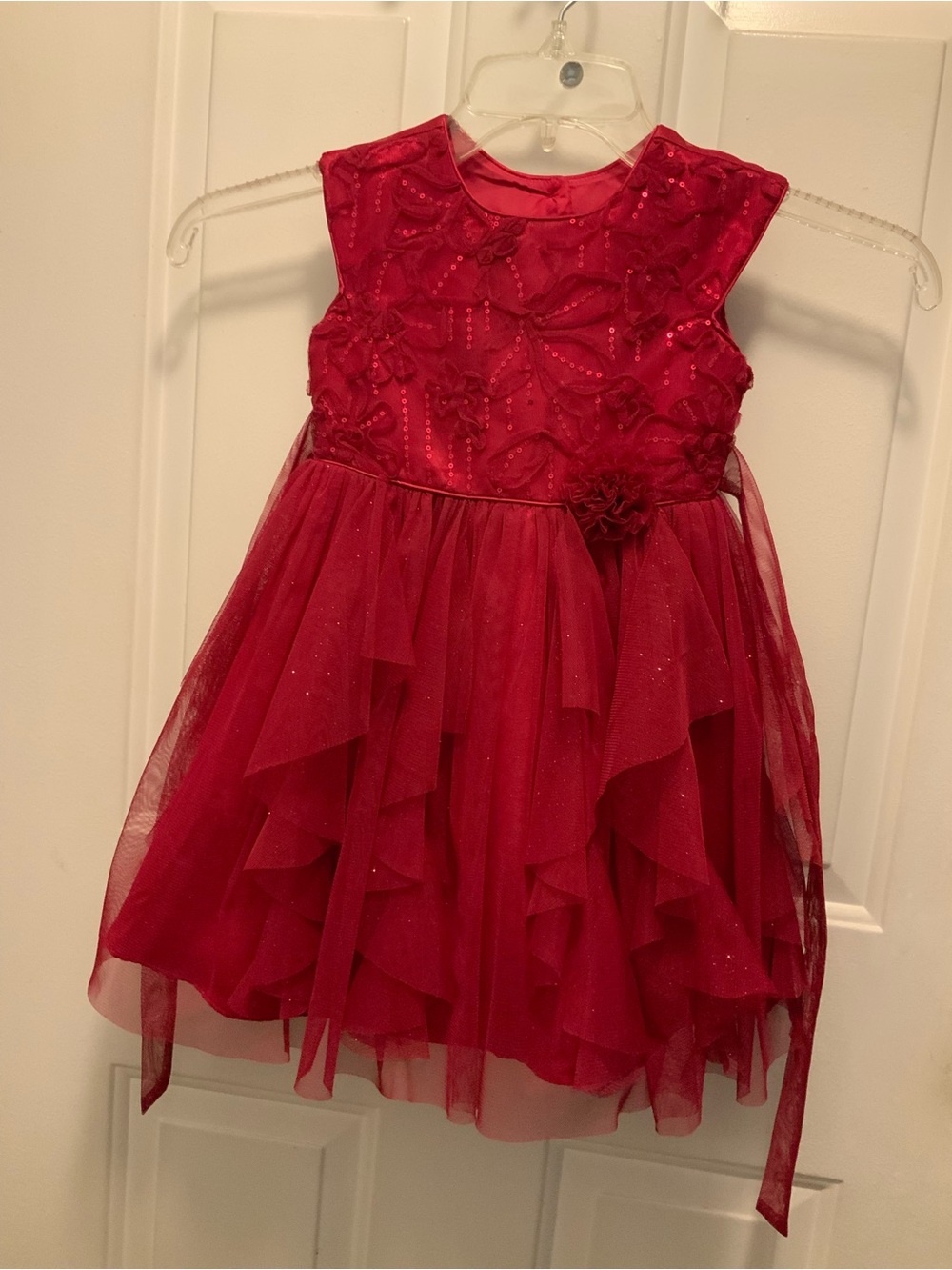Like New Jona Michelle Red Sparkle Tulle Party Dress with Floral Waist Accent